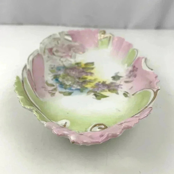 VTG Pink Green Porcelain Celery Dish Cut Out Handles Gold Accent Estate Find - Picture 7 of 14